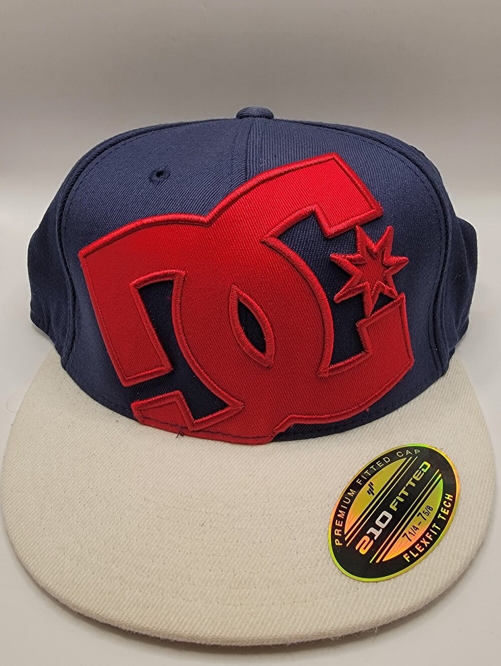 DC Navy Flexfit Hat with Red Logo and Cream Brim
